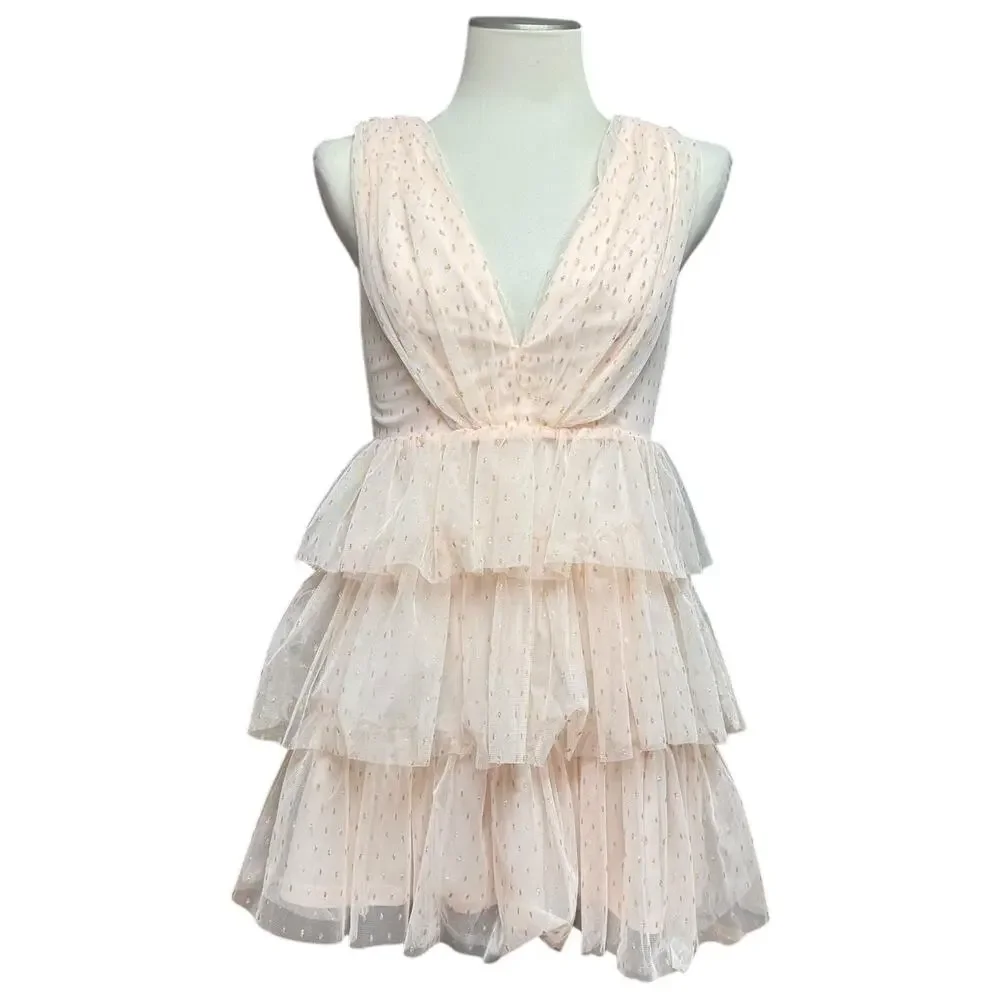 Lulus Forever Sparkling Sleeveless Plunge Tiered Mini Dress Pink Gold Small